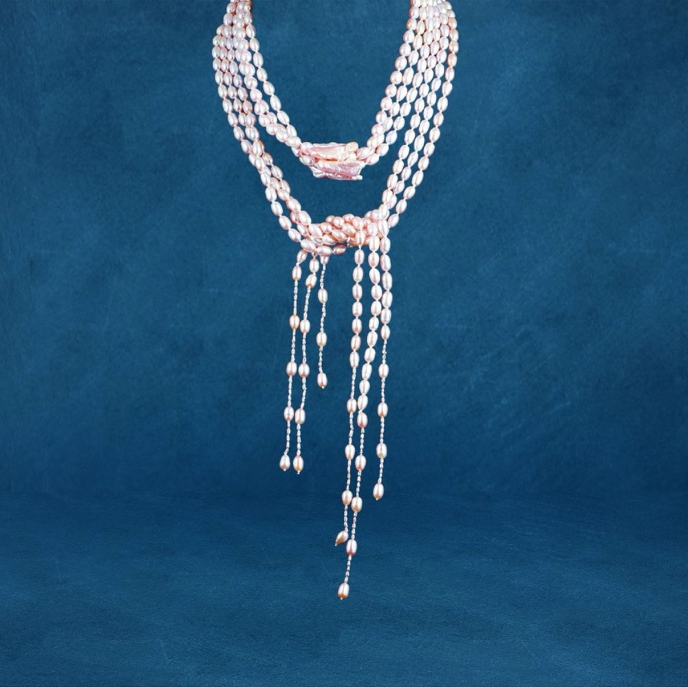 Beautiful Long Pink Pearl Fresh Water Pearl 4 Strand Lariat Statement Necklace